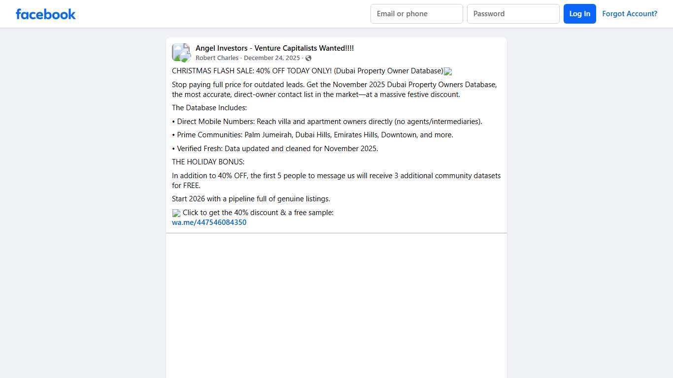 Angel Investors - Venture Capitalists Wanted!!!! CHRISTMAS FLASH SALE: 40% OFF TODAY ONLY Facebook